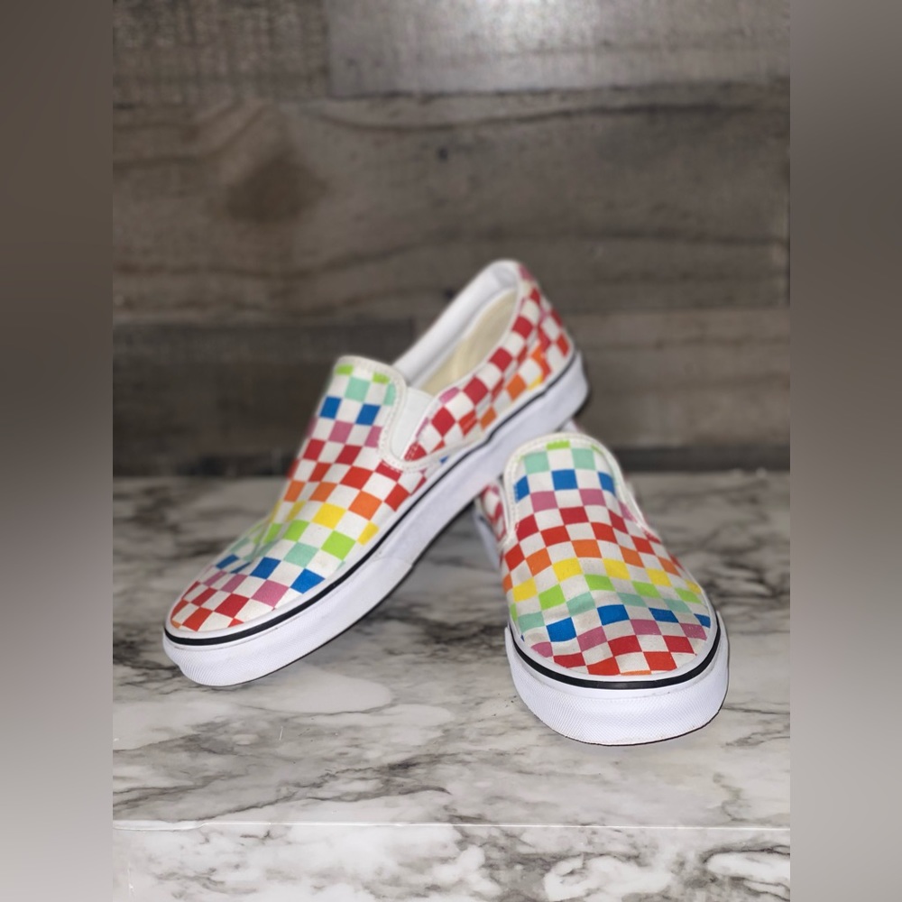 RAINBOW CHECKERED SLIP ON VANS 🌈